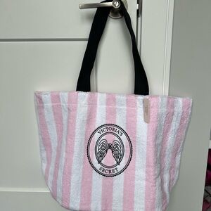 Victoria's Secret Pink White Striped Tote with Black Handles